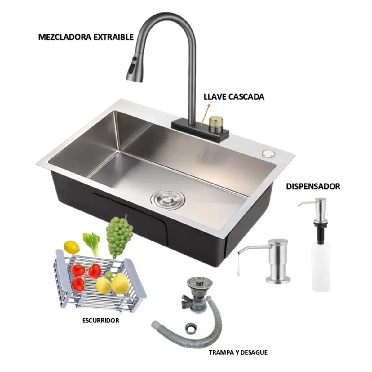 IMPORTADO MC - COMBO LAVADERO DE COCINA MODELO POZON 81x48x22cm  ACERO + MEZCLADORA