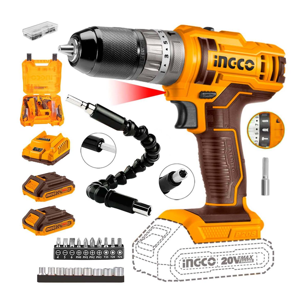 INGCO TOOLS - TALADRO ATORNILLADOR PERCUTOR 20V 2BATS  EXTENSOR FLEXIBLE - COMBO