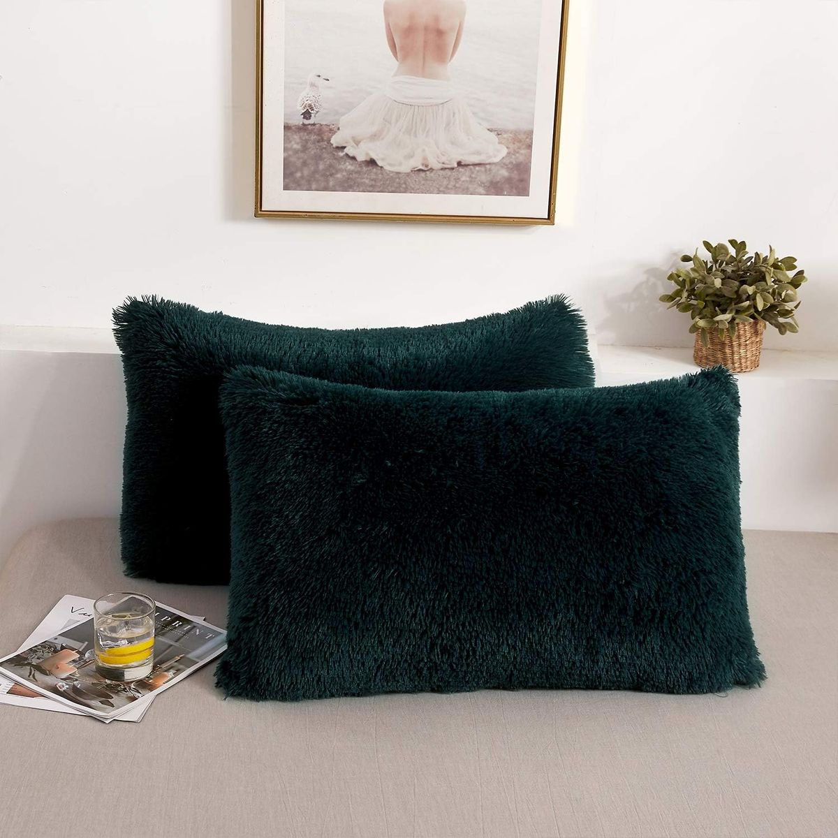 GENERICO - funda de almohada peluche corto 50cmx70cm Verde Botella