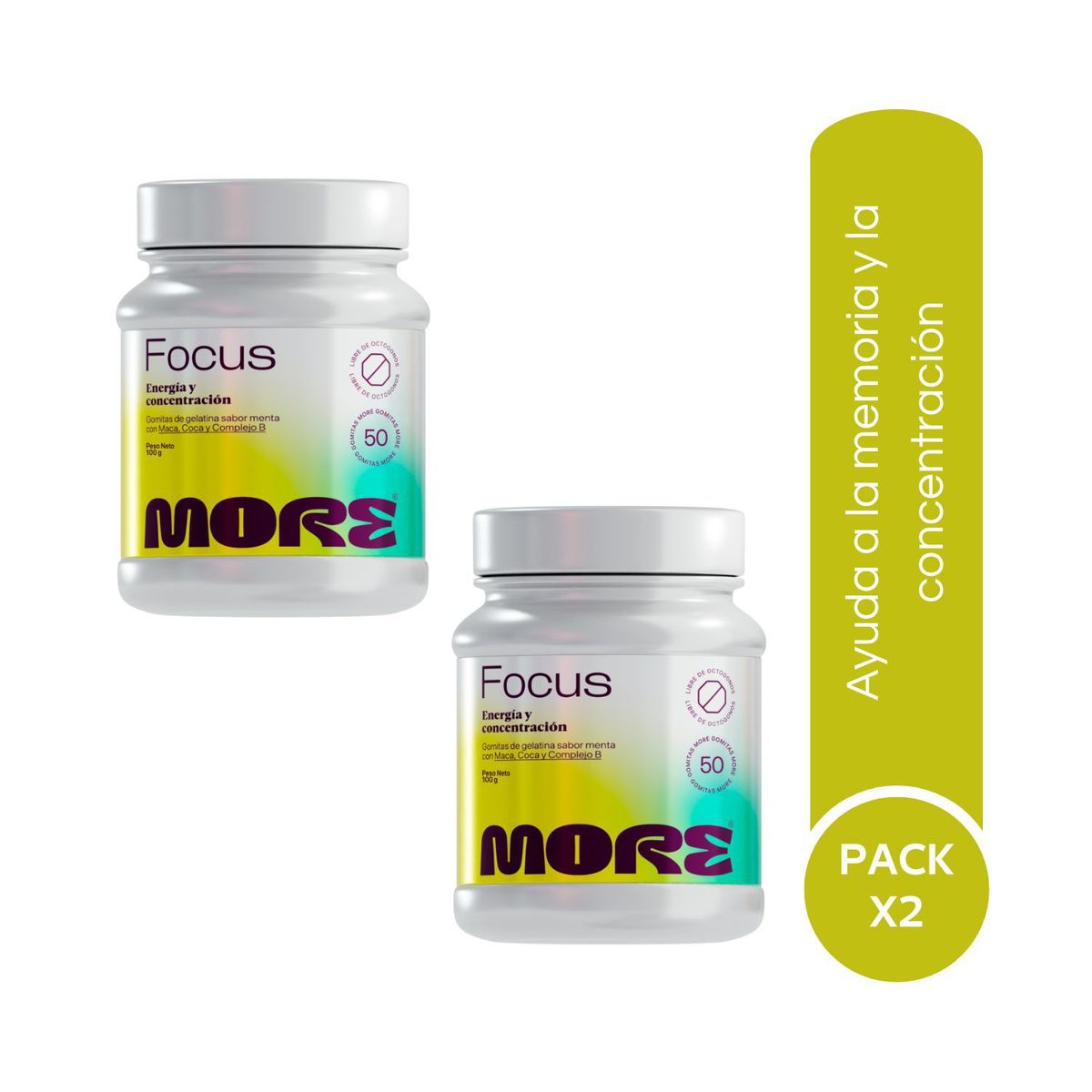 MORE - Complejo B Gomitas More Focus 50und 100g Menta x2