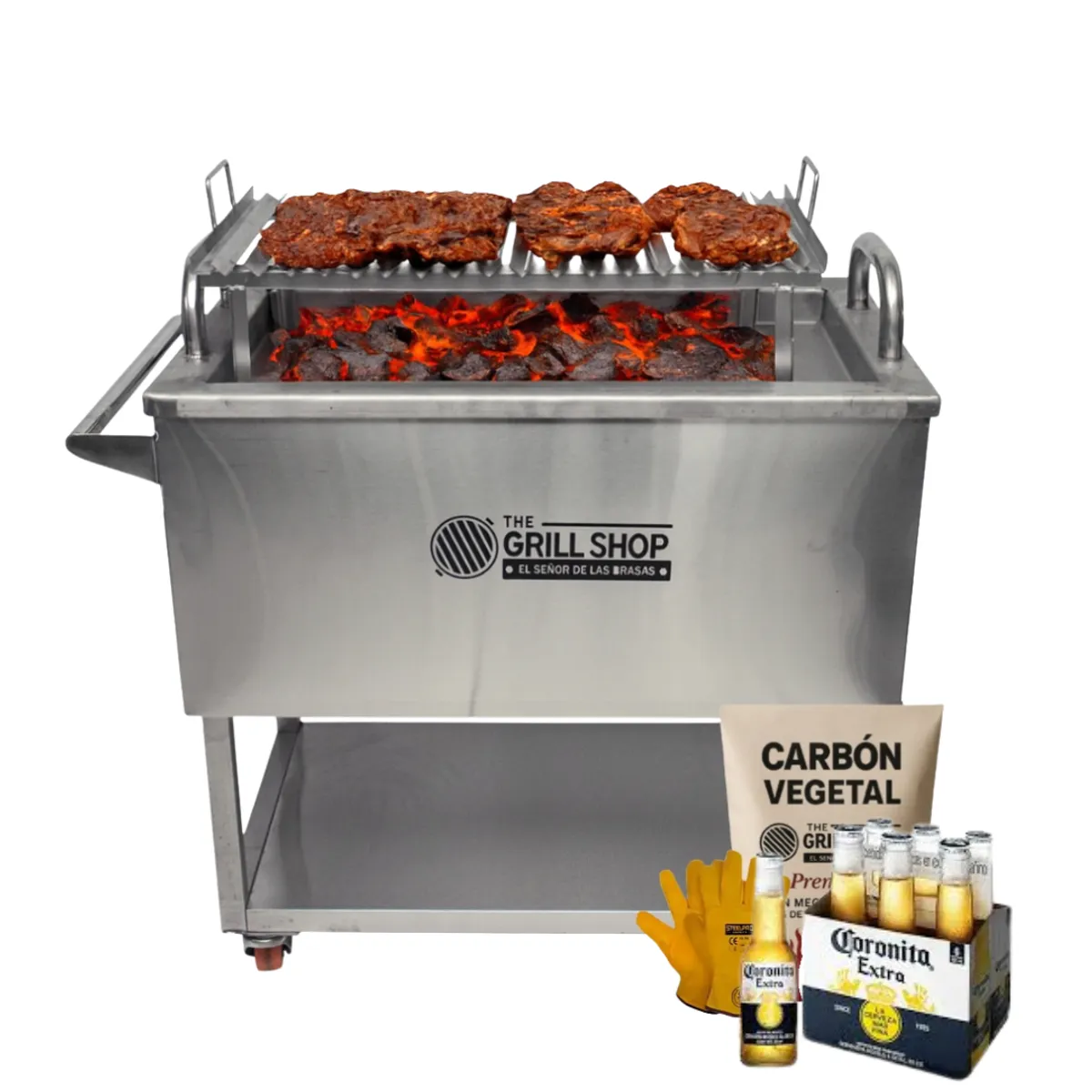 THE GRILL SHOP - Caja China Grande Acero Inoxidable + carbón + cerveza + guantes