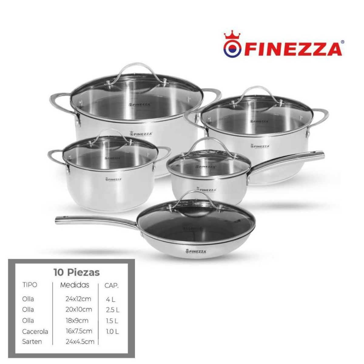 FINEZZA - JUEGO DE OLLAS FINEZZA  ACERO INOXIDABLE 10 Pzas FZ-982AE