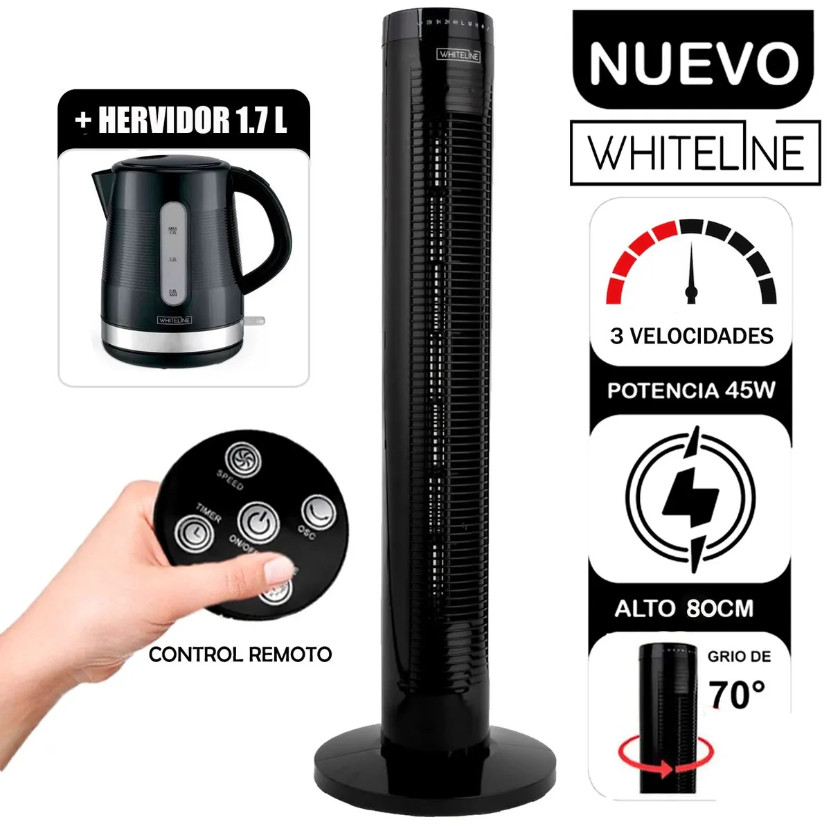 WHITELINE - Combo Ventilador de Torre 3v 45 Watts YF-T03214 +Hervidor de 1.7 Lt