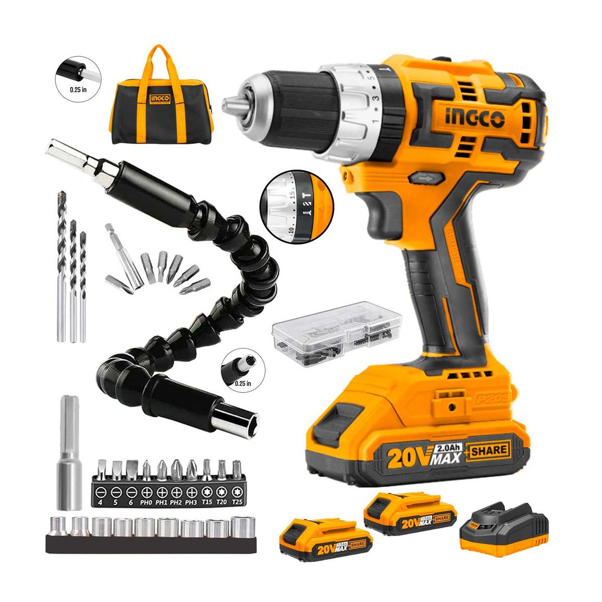 INGCO TOOLS - TALADRO PERCUTOR 20V ATORNILLADOR BRUSHLESS  ACCESORIOS ½PULG