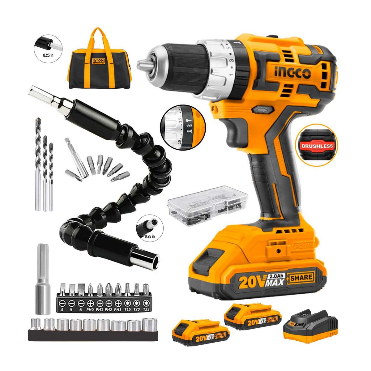 INGCO TOOLS - TALADRO PERCUTOR 20V ATORNILLADOR BRUSHLESS  ACCESORIOS ½PULG