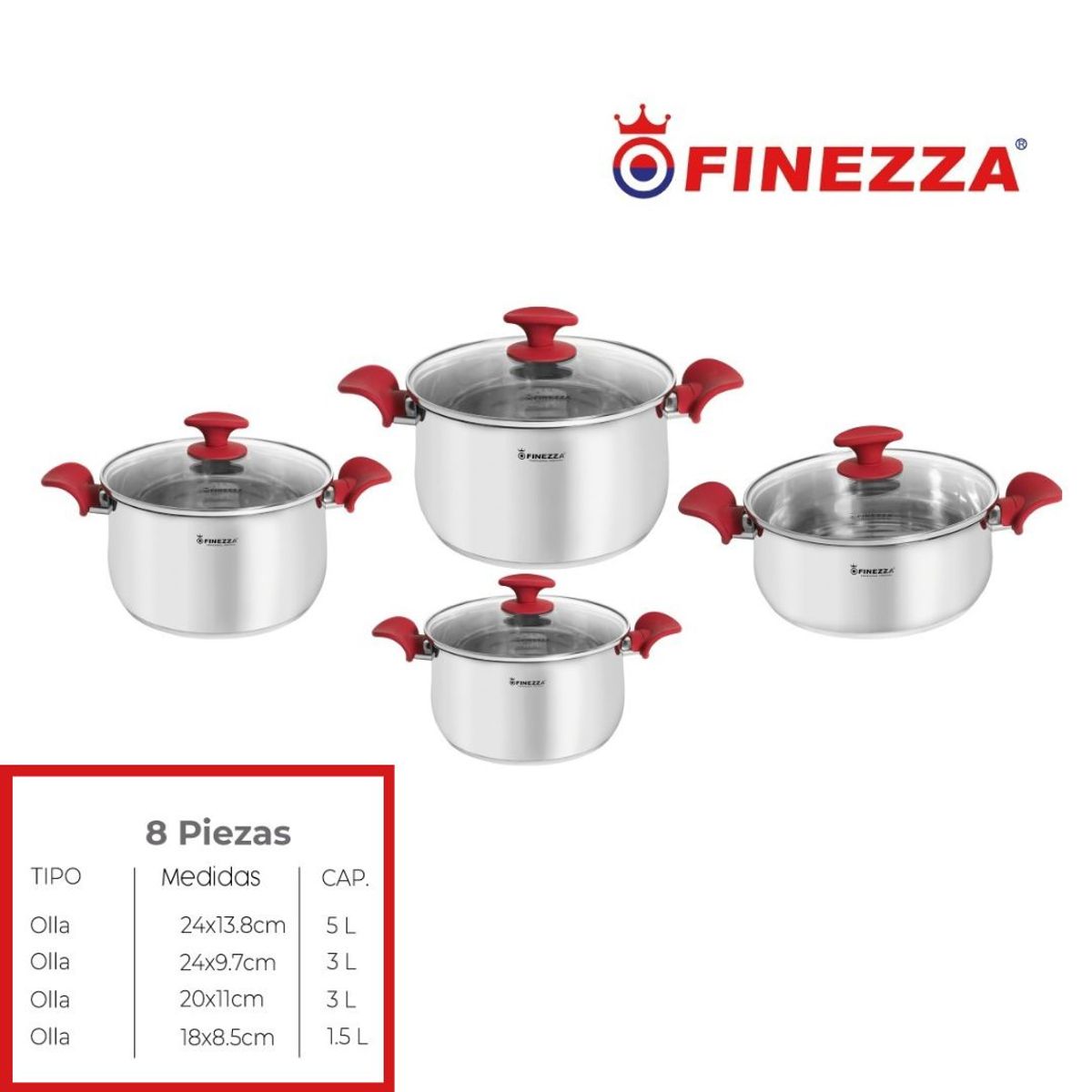 FINEZZA - JUEGO DE OLLAS 8 Pzas ACERO INOXIDABLE FINEZZA