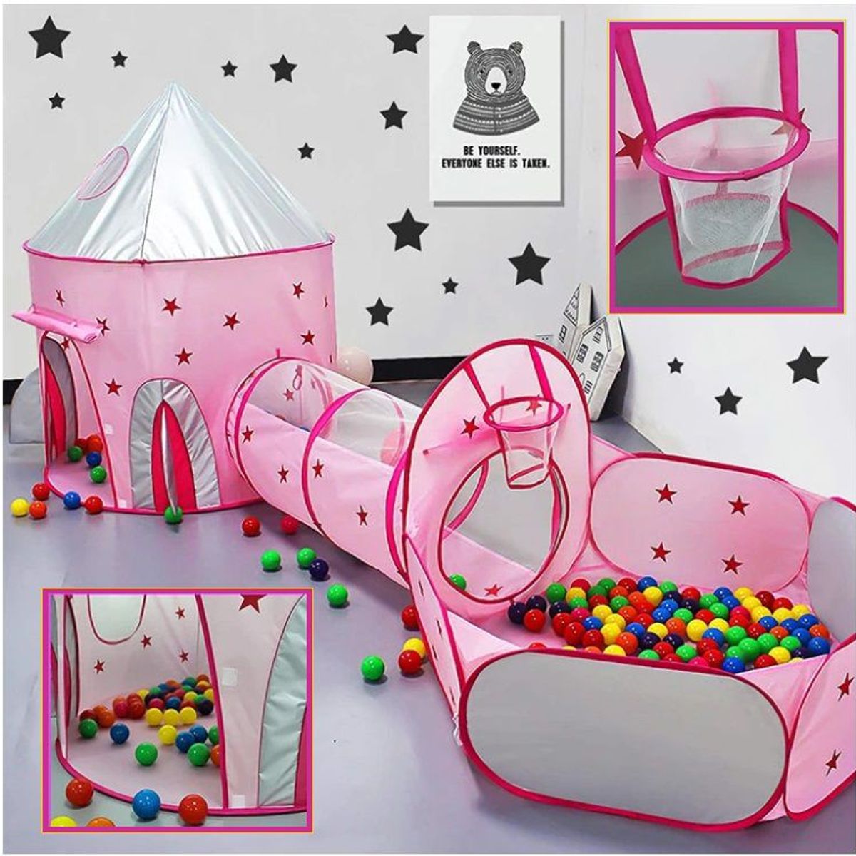 EVERBEST - Carpa Tunel Piscina 3 en 1 Infantil Blanco Rosado