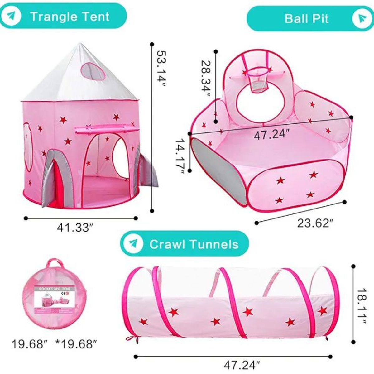 EVERBEST - Carpa Tunel Piscina 3 en 1 Infantil Blanco Rosado