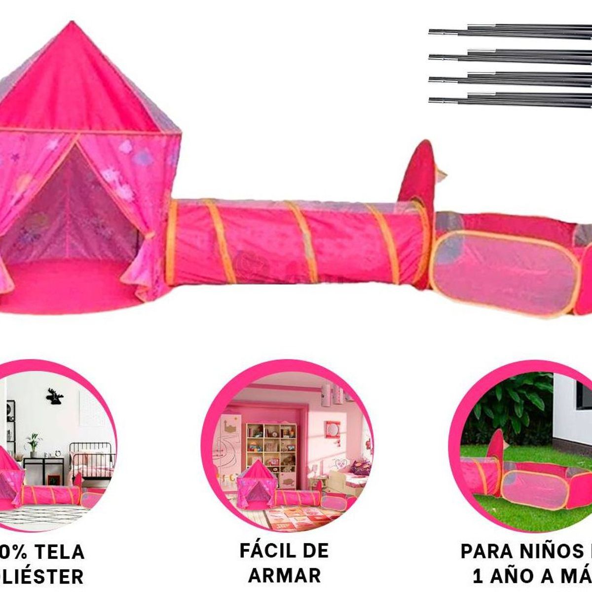 EVERBEST - Carpa Tunel Piscina 3 en 1 Infantil Fucsia Rosado