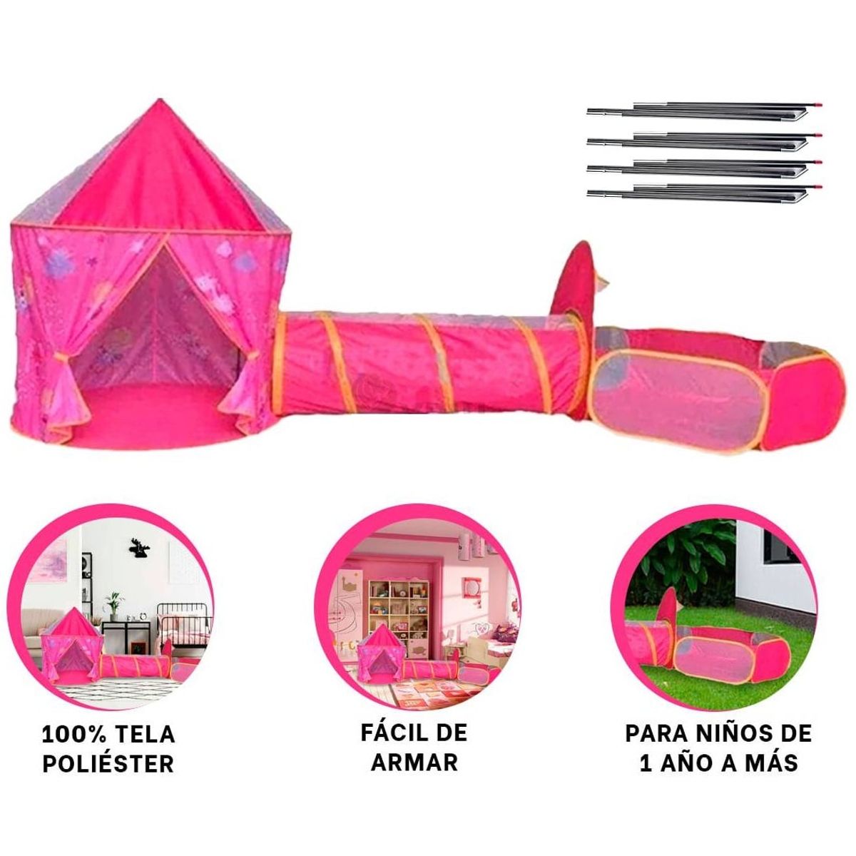 EVERBEST - Carpa Tunel Piscina 3 en 1 Infantil Fucsia Rosa