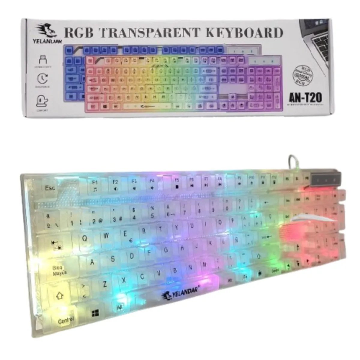 GENERICO - Teclado para Pc Laptop Alámbrico Gamer Transparente Luz RGB 7 Colores
