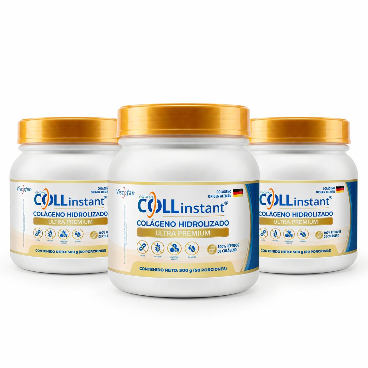 VISCOFAN COLLINSTANT - Colágeno Hidrolizado Alemán Ultra Premium 500g x 3 con Péptidos Bioactivos COLLinstant Viscofan 100% Puro