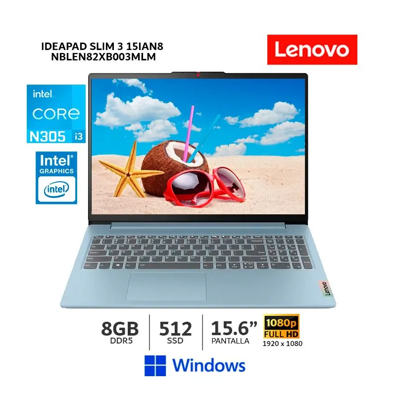 LENOVO - Lenovo IdeaPad Slim 3 15IAN8 15.6" FHD/ Core i3-N305/ 8Gb Ram LPDDR5-4800/ 512Gb SSD/ 82XB003MLM