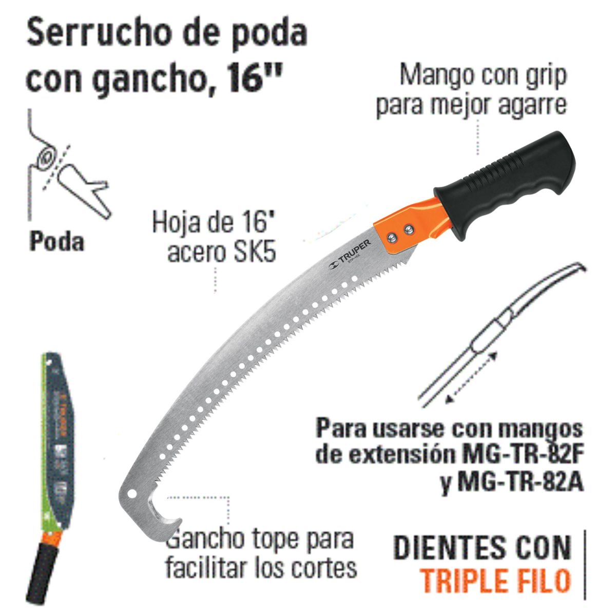 TRUPER - Serrucho de poda  ramas altas 16" con gancho, truper
