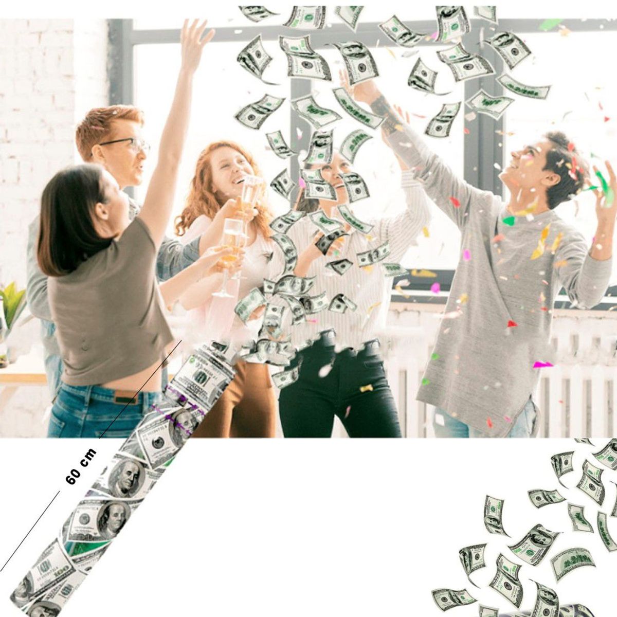 GENERICO - Pack 3 Lanza Confetti Dolares de 60cm