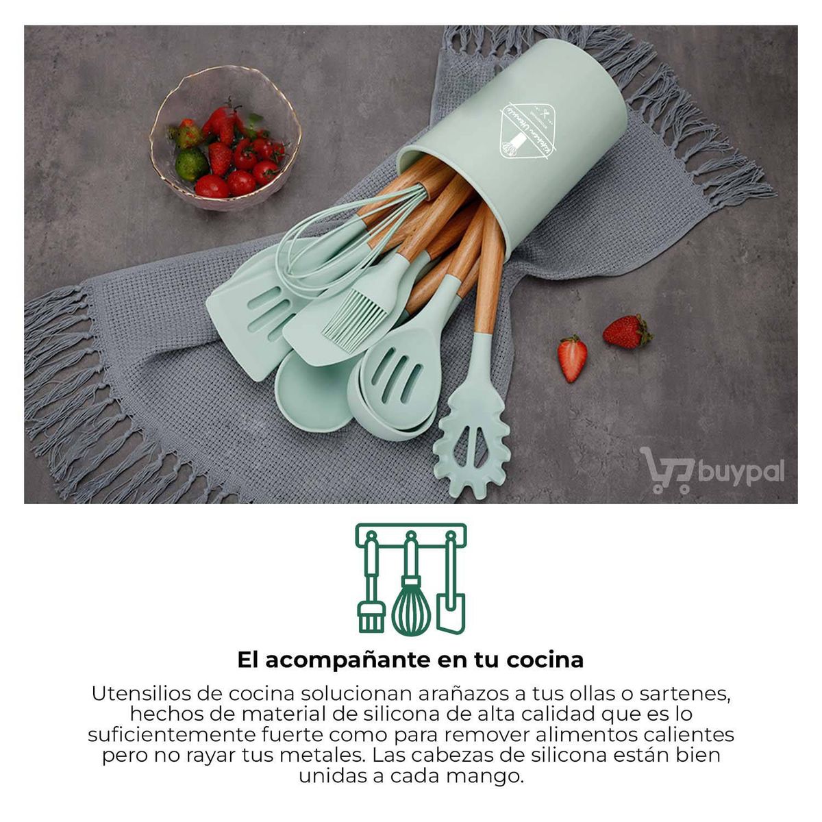 GENERICO - SET DE 12 UTENSILIOS SILICONA PARA COCINA Y REPOSTERIA VERDE