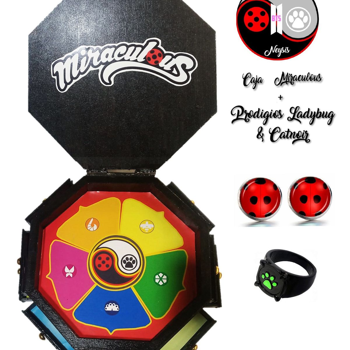 GENERICO - CAJA GRANDE MIRACULUS CON ARETE LADYBUG Y ANILLO CATNOIR