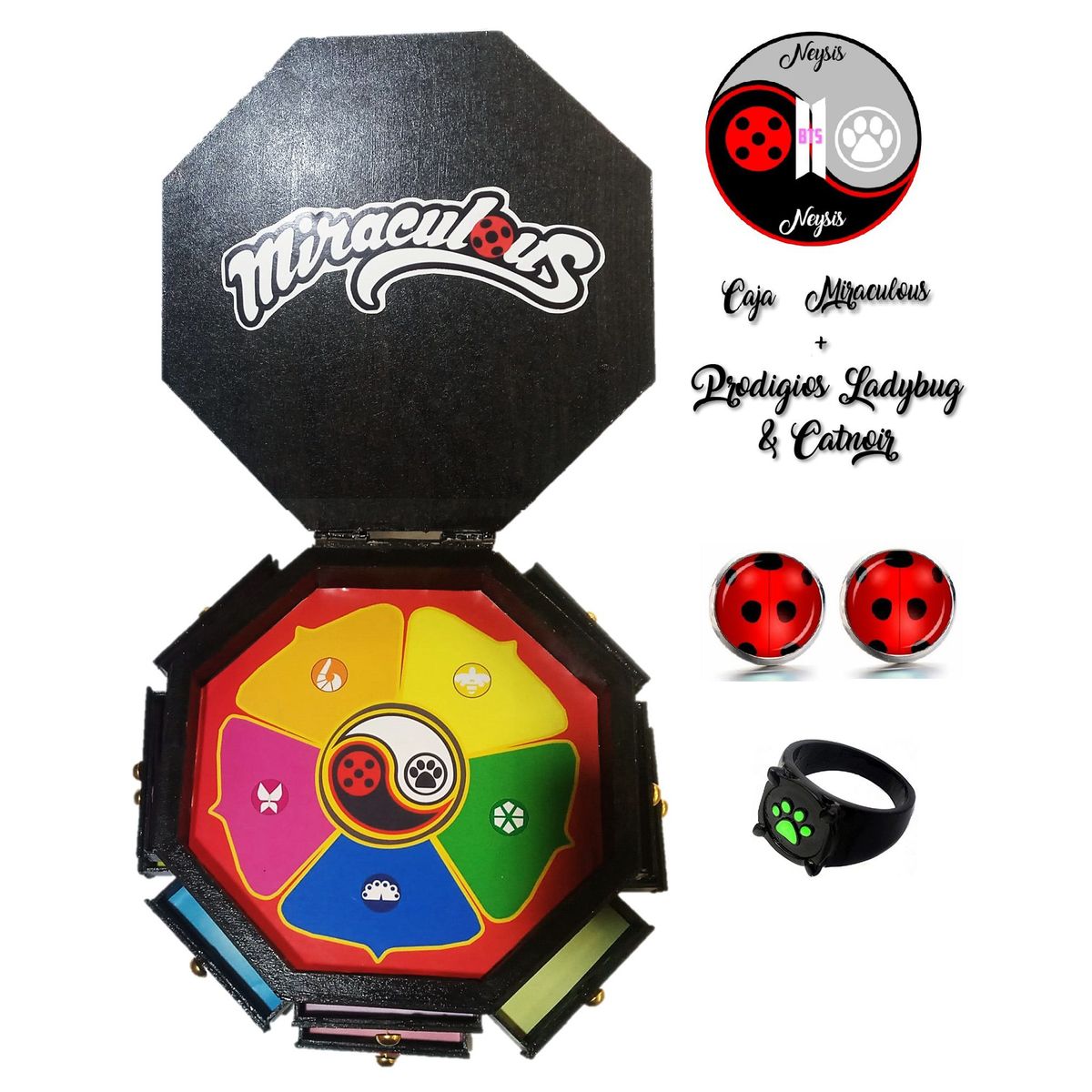 GENERICO - CAJA GRANDE MIRACULUS CON ARETE LADYBUG Y ANILLO CATNOIR