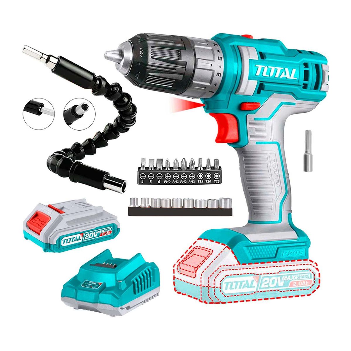 TOTAL TOOLS - Taladro Atornillador Inalambrico 20v + 21 Piezas Total Tools