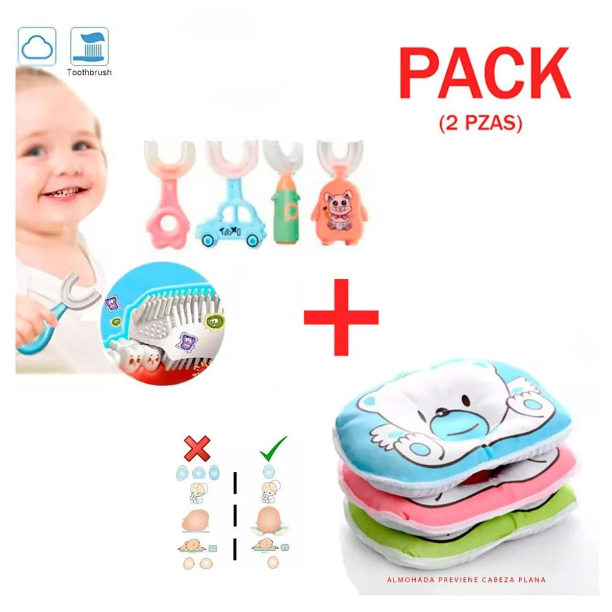 GENERICO - Cepillo U para Niño y Almohada Anti Cabeza Plana para bebé