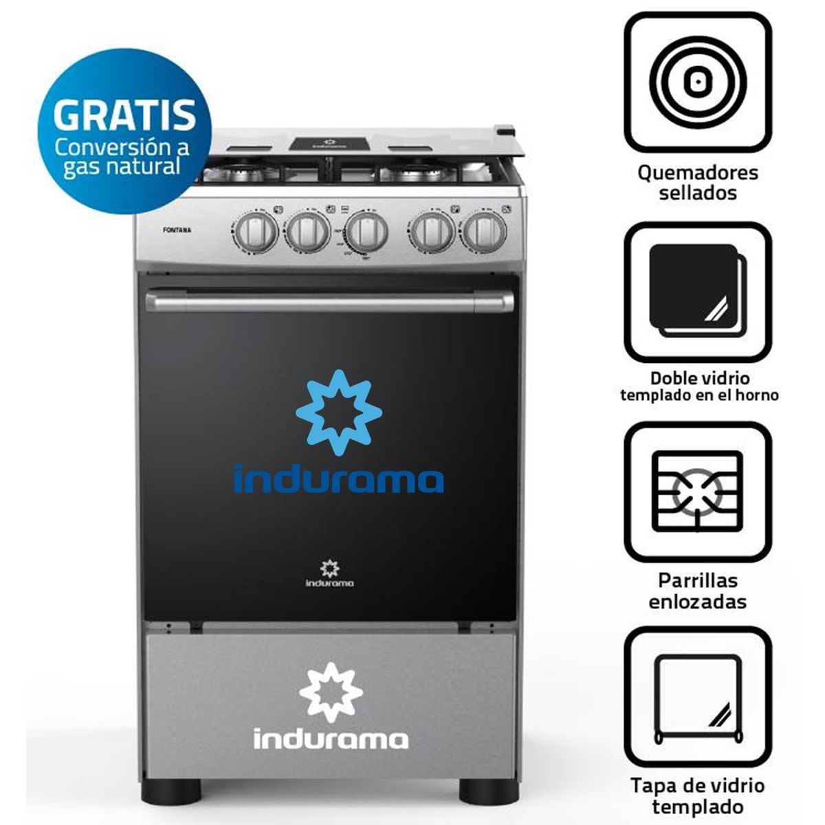 INDURAMA - Cocina Indurama a Gas Fontana de 4 Hornillas - Gris