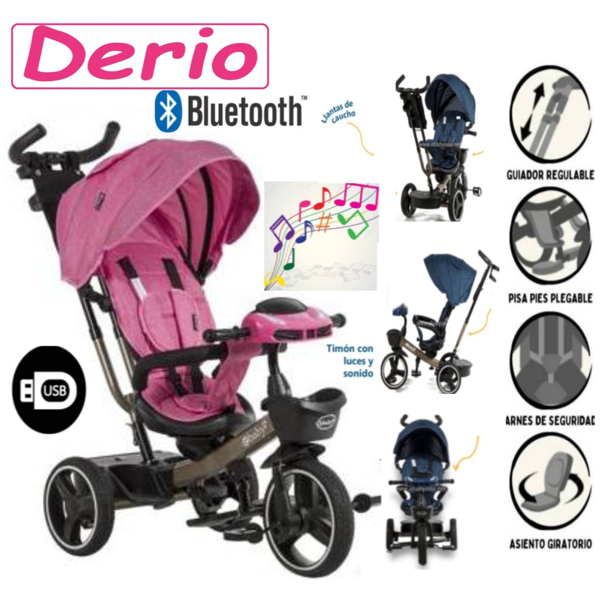 EBABY - Triciclo Musical Luces Reclinable AsientoGiratorio Bluetooth