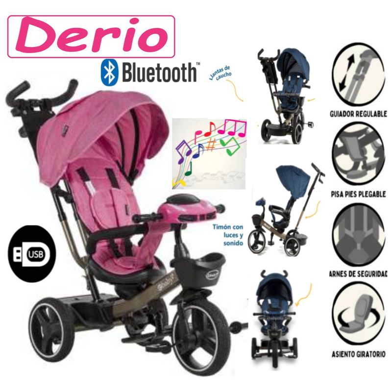 EBABY - Triciclo Musical Luces Reclinable AsientoGiratorio Bluetooth