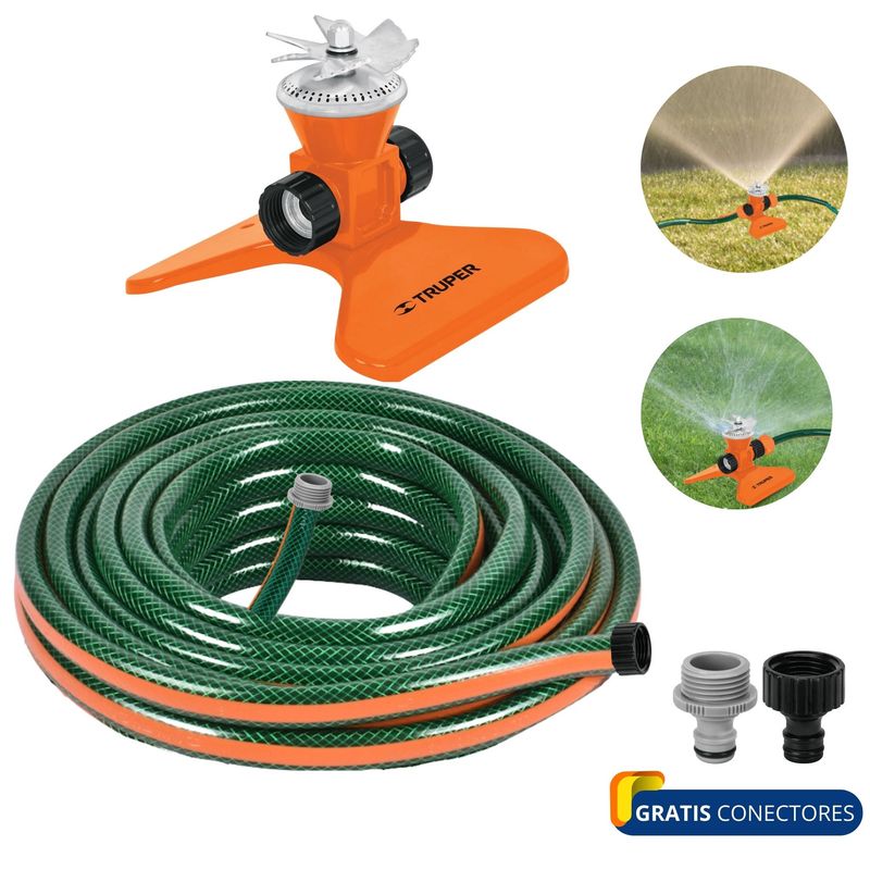 TRUPER - KIT manguera de riego 10 metros, regador aspersor base acero, TRUPER