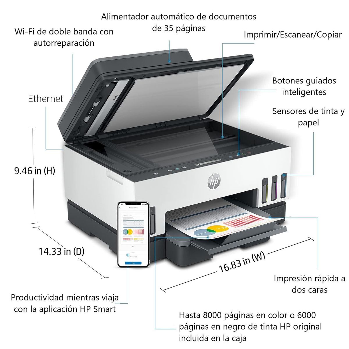 HP - Impresora HP Smart Tank 750 Multifuncional ADF Duplex Wifi