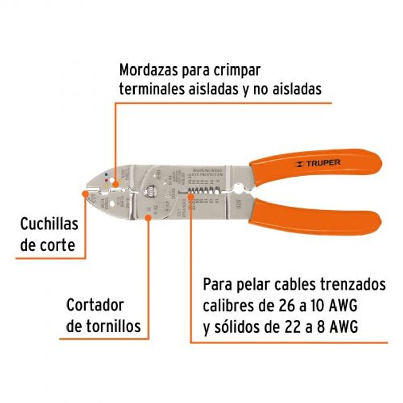 TRUPER - Alicate 9" pela cables 26 a 10 awg, truper