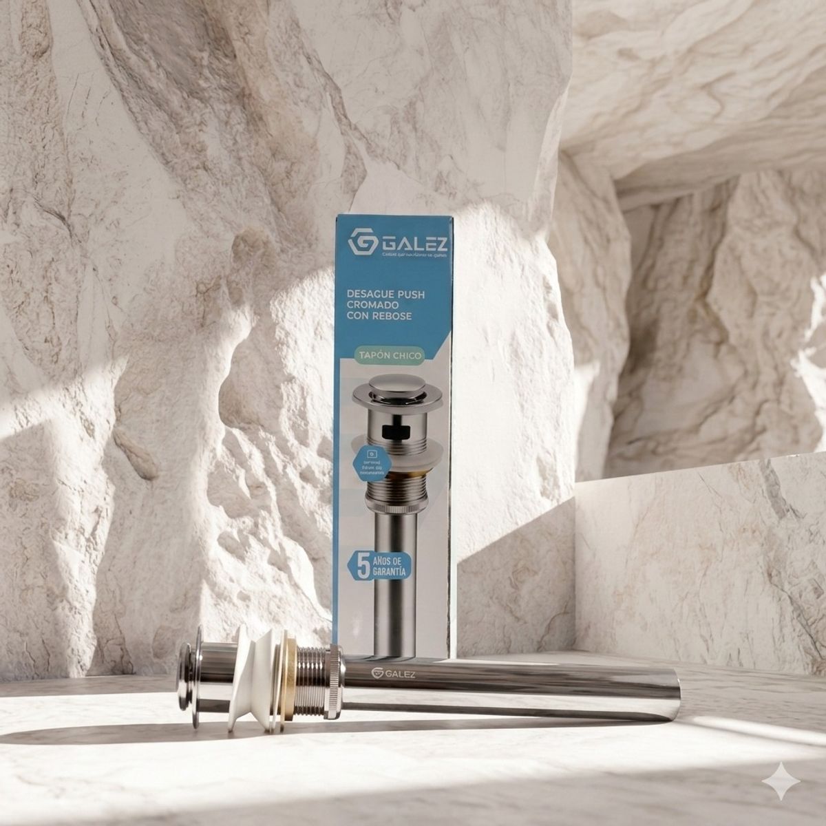 GALEZ - Desagüe Push Cromado para Lavatorio con Rebose Botón Pequeño Universal 114- Fácil Instalación