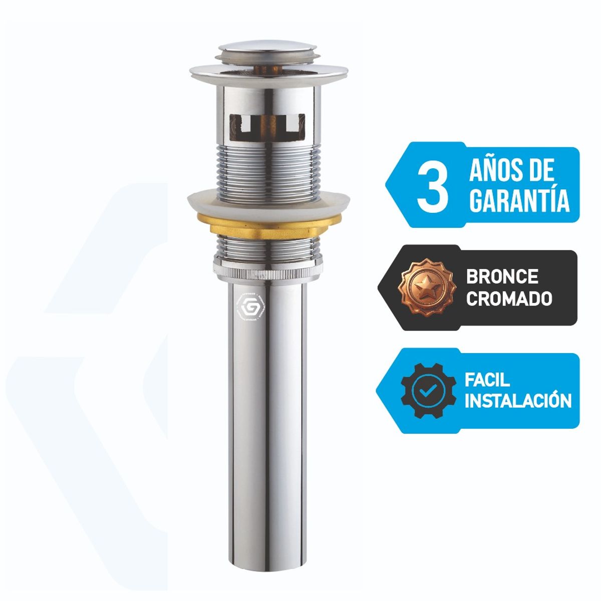 GALEZ - Desagüe Push Cromado para Lavatorio con Rebose Botón Pequeño Universal 114- Fácil Instalación