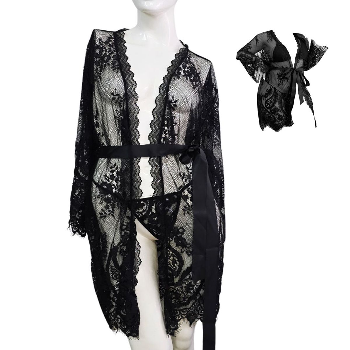 GENERICO - Bata Negro Lencería pluss size Salida de Playa