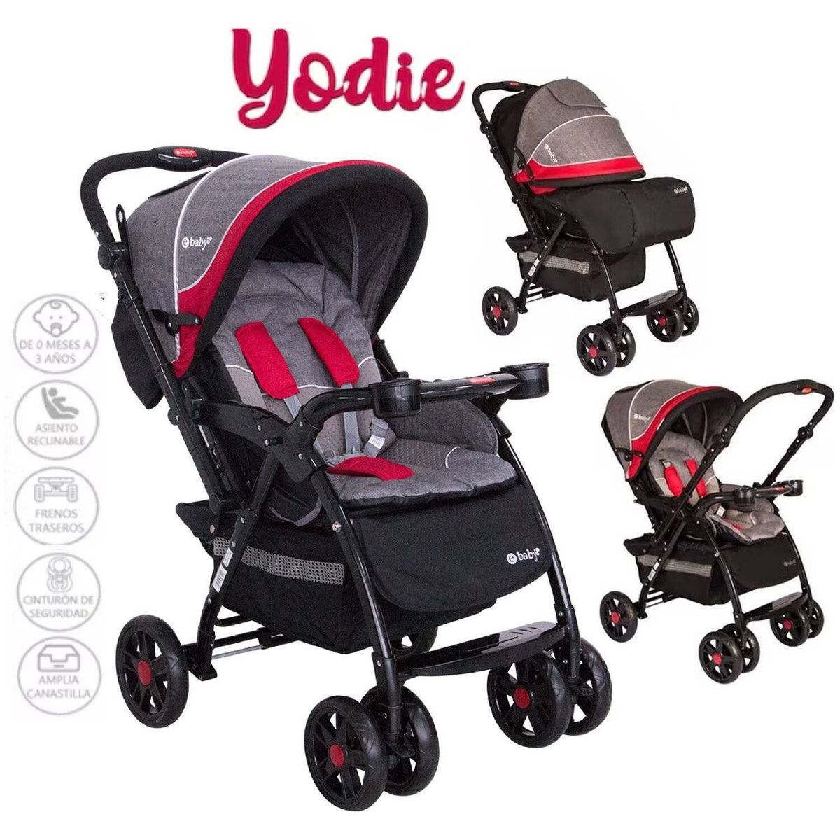 EBABY - Coche Cuna Acolchado Reclinable Mango Reversible Yodie Rojo