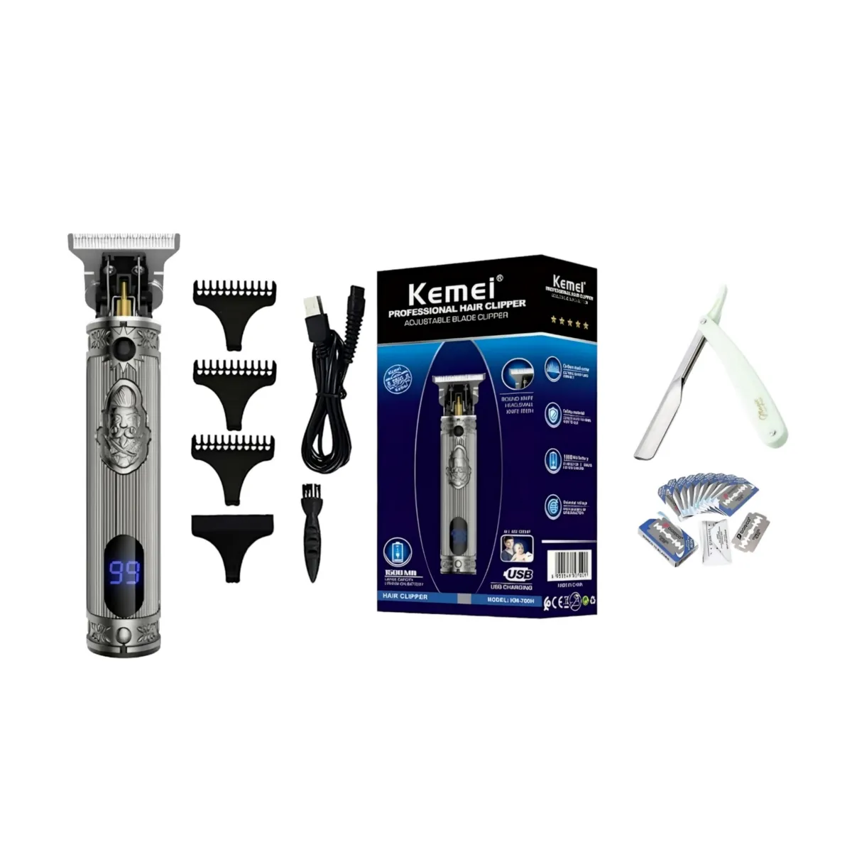 KEMEI - Patillera trimmer Kemei KM-700H diseño de buda con navaja de afeitar