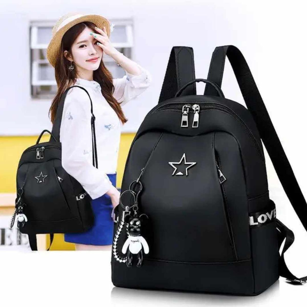 GENERICO - Mochila Bolso Mujer Dama Cuero PU modelo Love Star con Llaveros LS02