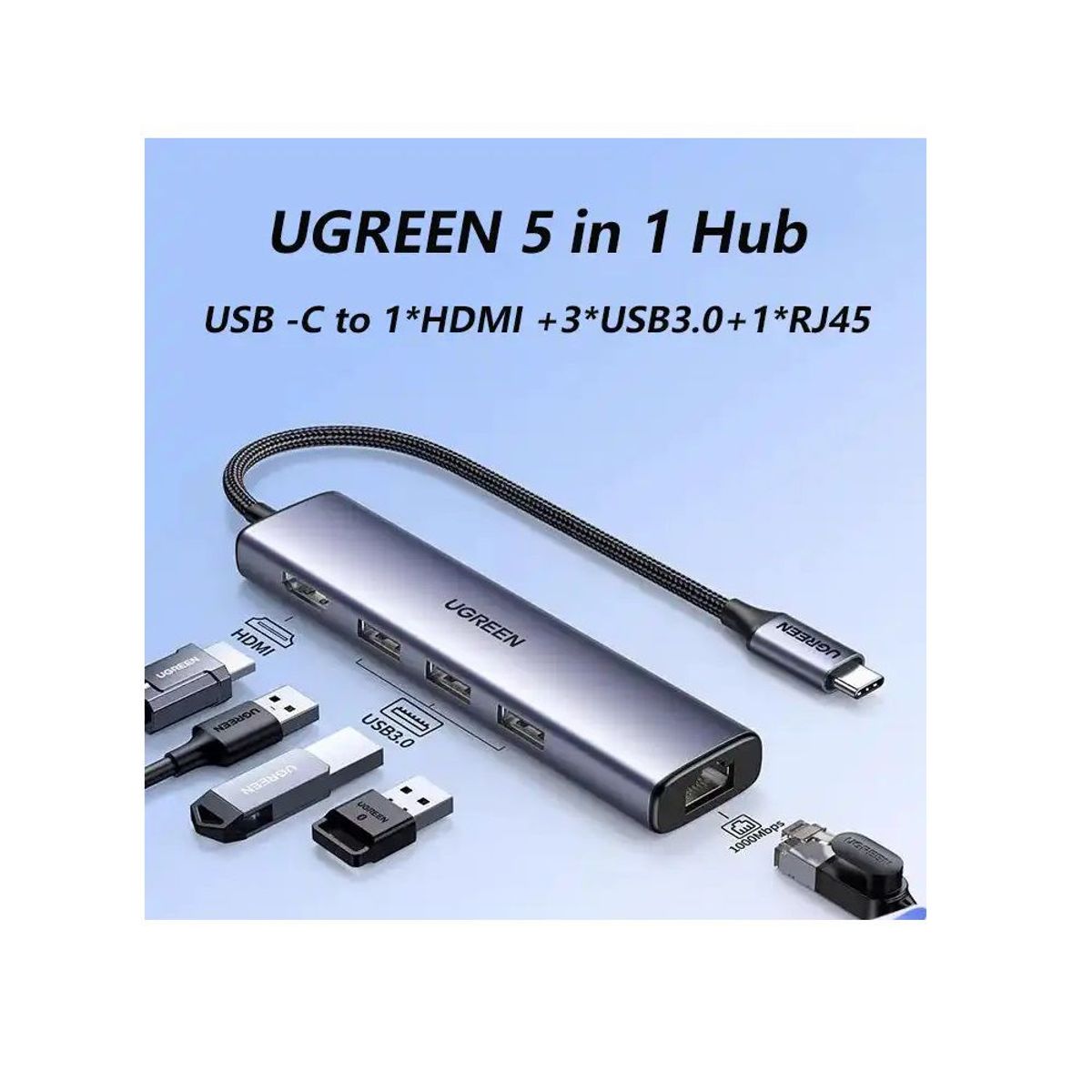 UGREEN - Adaptador UGREEN Hub USB-C 5 en 1, USB 3.0 5Gbps, HDMI y RJ45