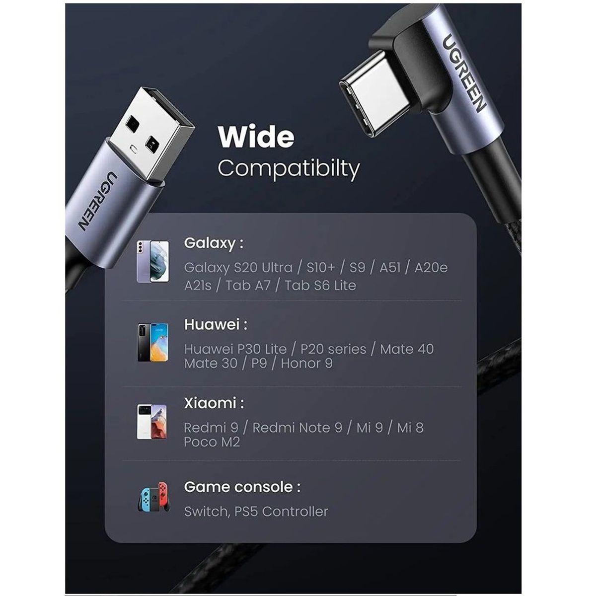 UGREEN - Cable UGREEN, 90° en ángulo USB-C a USB A, Carga Rápida, 2 Metros