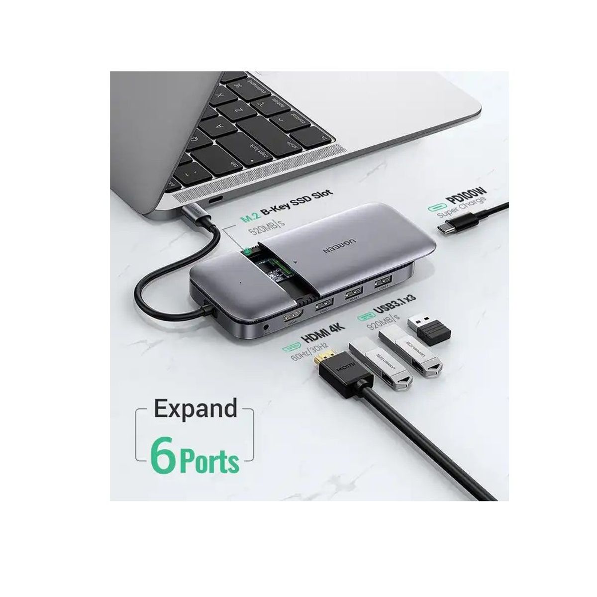UGREEN - Adaptador UGREEN HUB, 6 en 1, USB-C A USB 3.0, M.2 SSD, HDMI, USB C