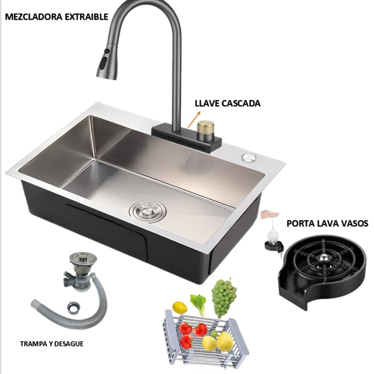 IMPORTADO MC - COMBO 81x48x22CM LAVADERO DE COCINA POZON ACERO + MEZCLADORA  CASCADA