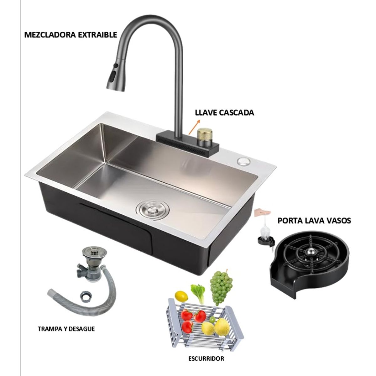 IMPORTADO MC - COMBO 81x48x22CM LAVADERO DE COCINA POZON ACERO + MEZCLADORA  CASCADA