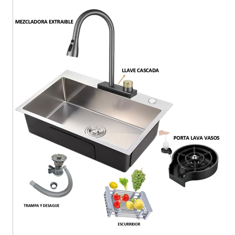 IMPORTADO MC - COMBO 81x48x22CM LAVADERO DE COCINA POZON ACERO + MEZCLADORA  CASCADA