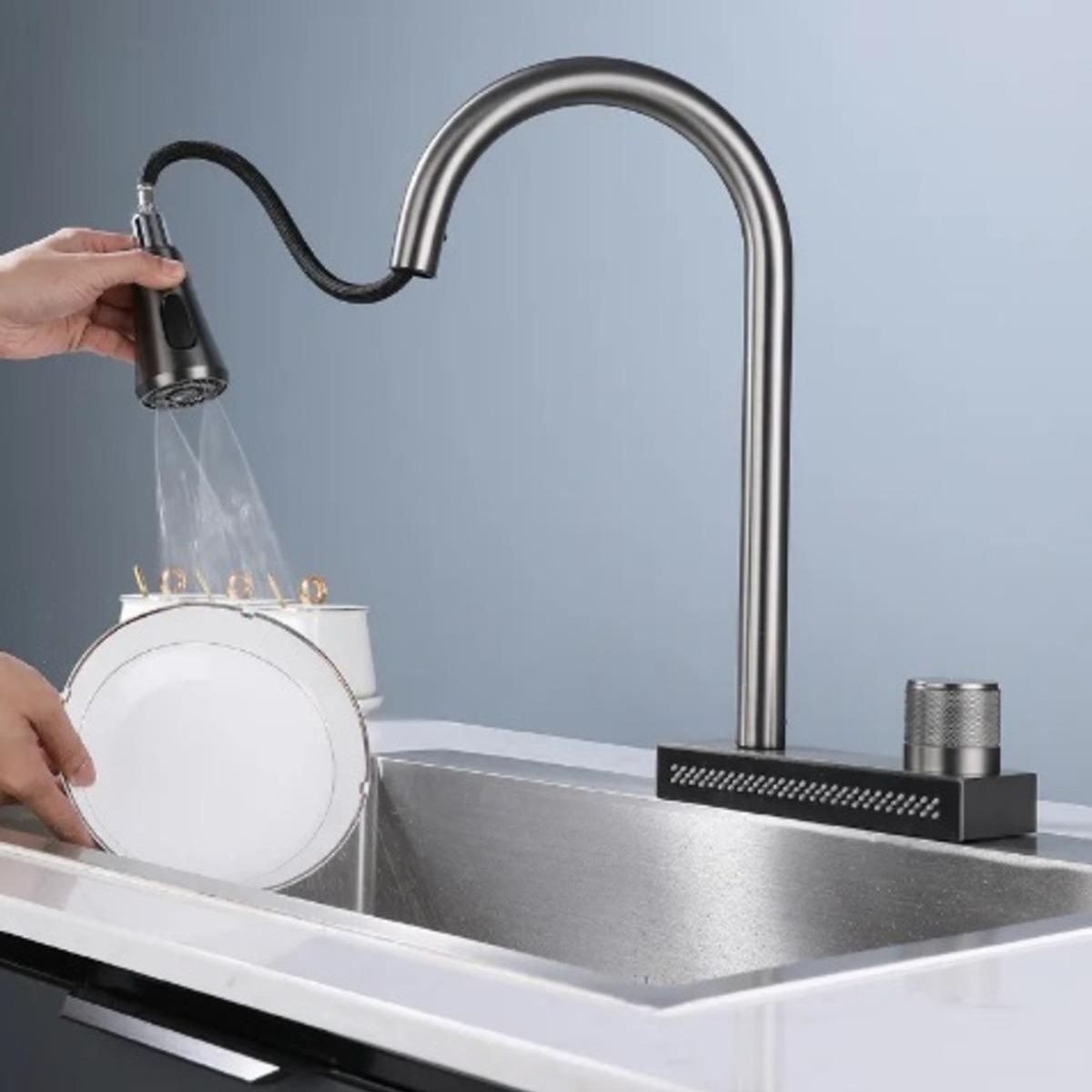 IMPORTADO MC - COMBO 81x48x22CM LAVADERO DE COCINA POZON ACERO + MEZCLADORA  CASCADA