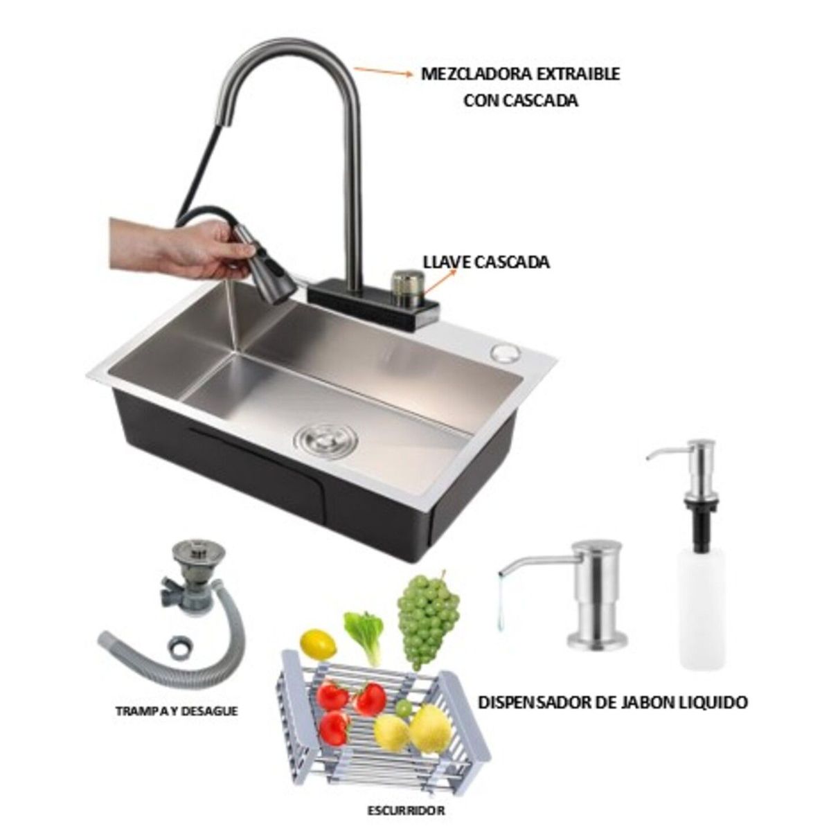 IMPORTADO MC - COMBO 60X45X23CM LAVADERO DE COCINA   MEZCLADORA  DISPENSADOR JABON