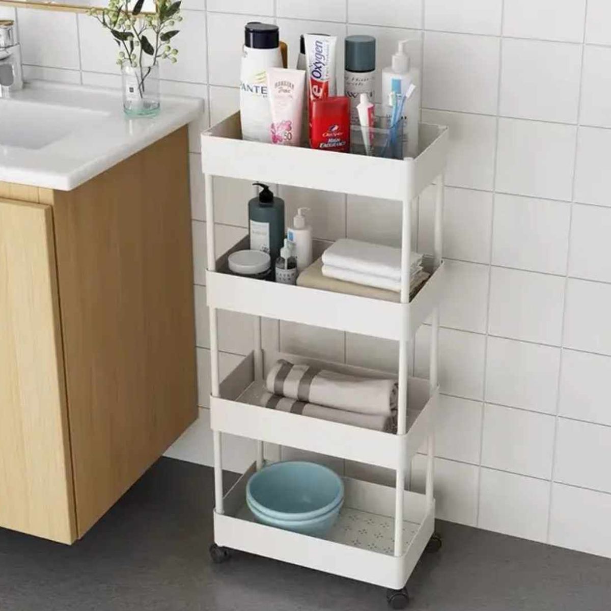 GENERICO - Organizador de Hogar Cocina 4 Pisos con Ruedas Blanco Verdulero Frutero