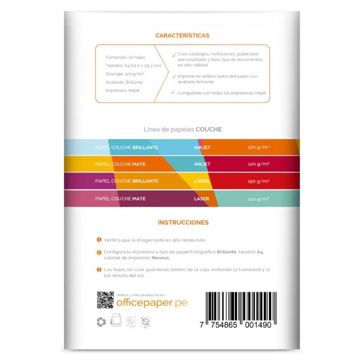 OFFICE PAPER - Papel Couche Brillante Inkjet 120g por 10 Hojas A4