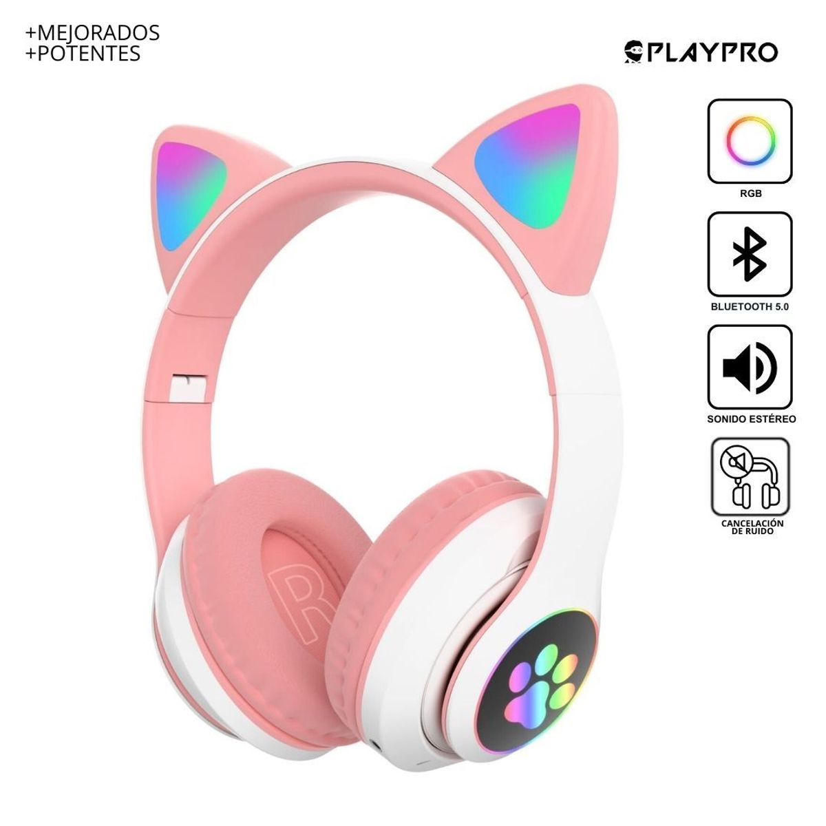 PLAYPRO - Audifonos Bluetooth Luces Rgb Gato con Radio Llamadas Spotify Rosado Playpro Au240020