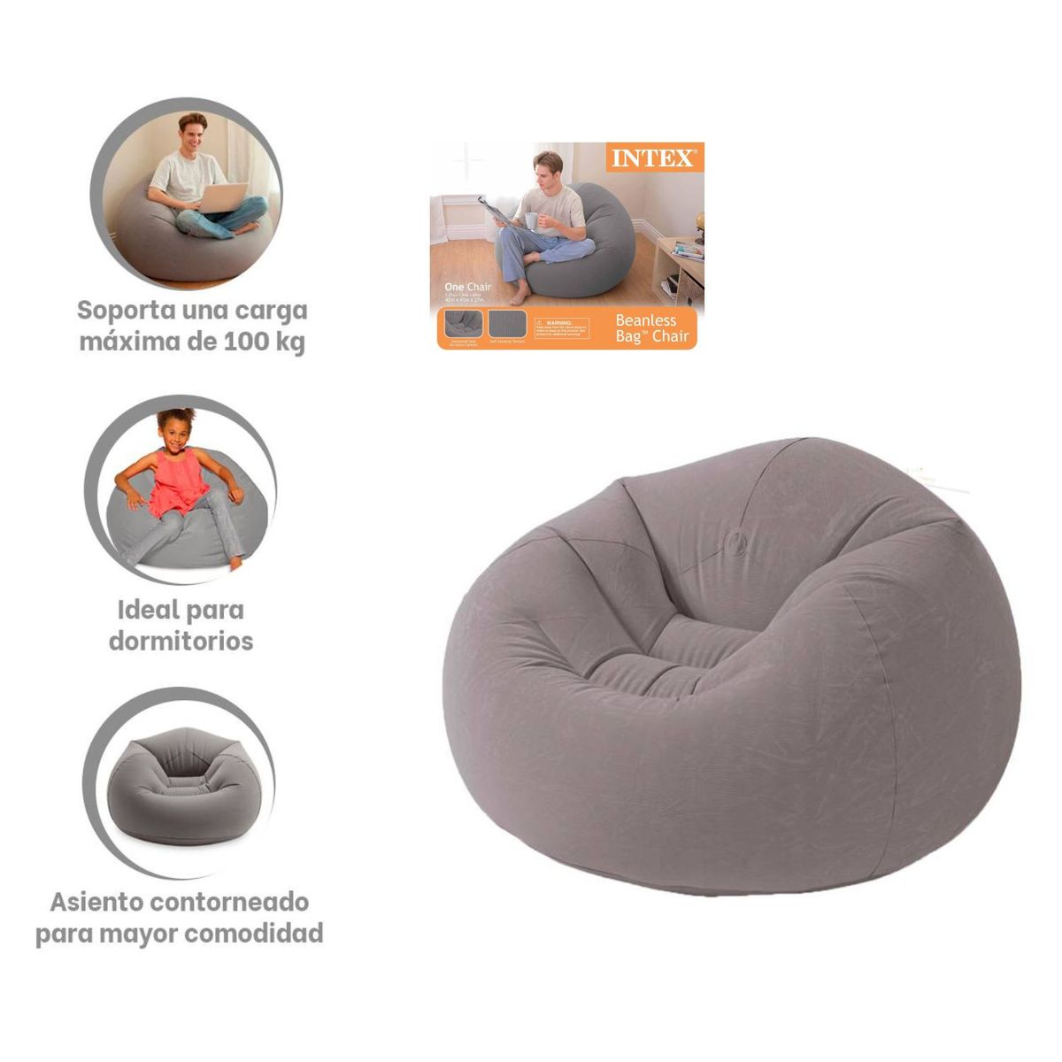 GENERICO - Sillon sofa puff inflable para Dormitorio 107x104x69 Gris