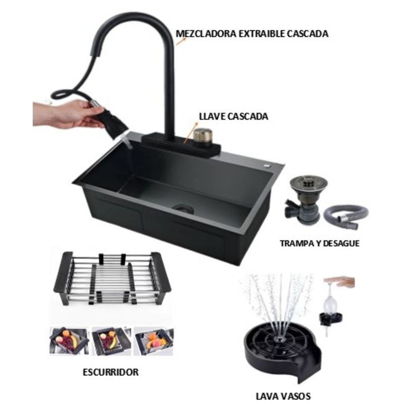 GENERICO - COMBO 60X45X23CM LAVADERO NEGRO DE COCINA  MEZCLADORA  PORTA VASOS