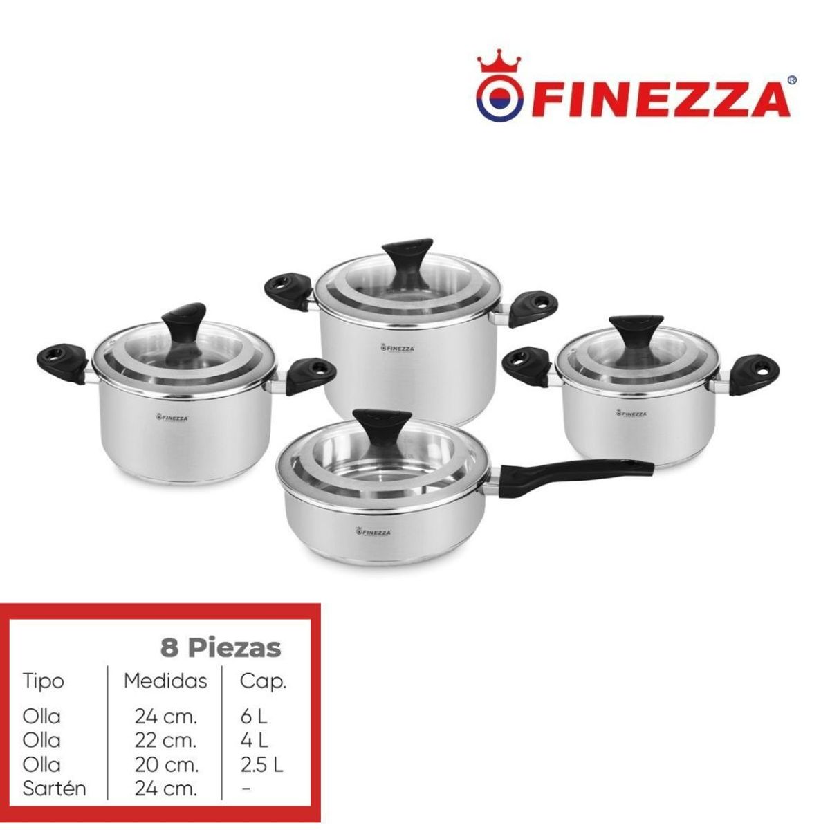 FINEZZA - JUEGO DE OLLAS ACERO INOXIDABLE 8 Pzas FINEZZA